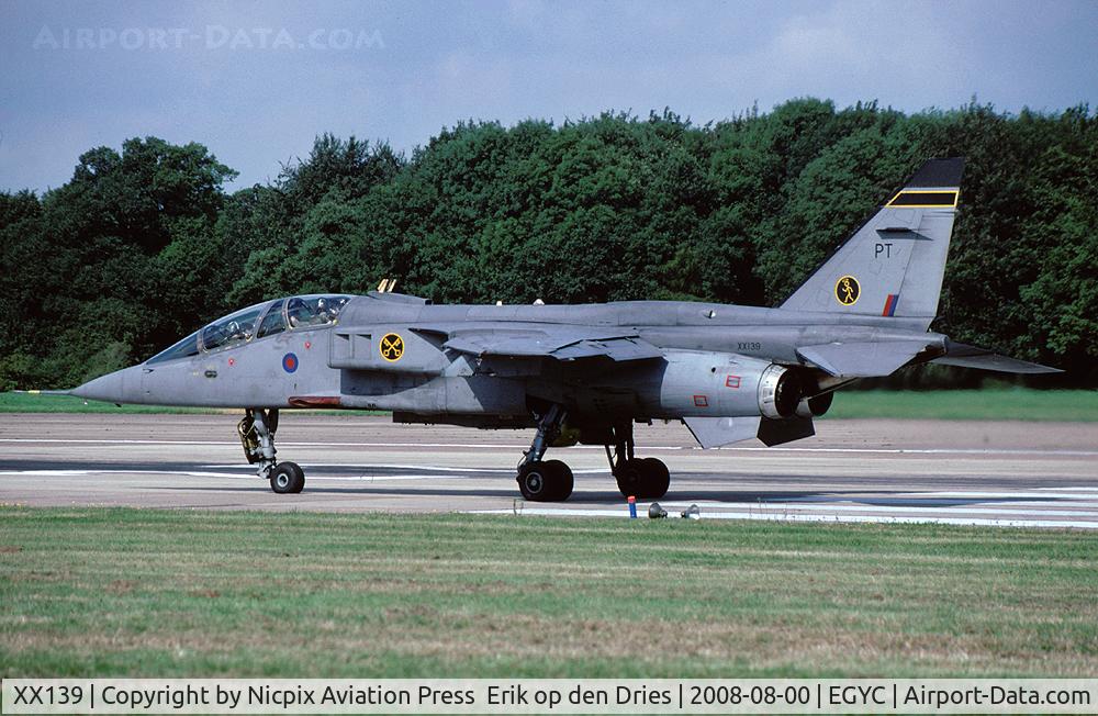 XX139, 1973 Sepecat Jaguar T.4 C/N B.4, The Saints'  Jaguar T.4 XX139/PT on the runway of RAF Coltishall.