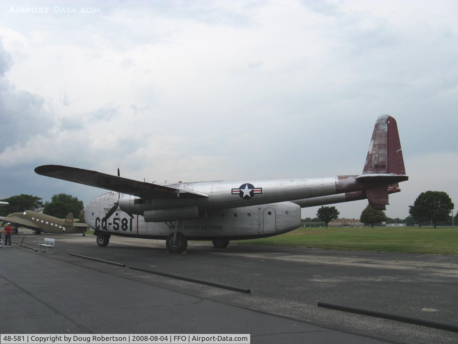 48-581, 1948 Fairchild C-82A Packet C/N 10216, 1948 Fairchild C-82A 'PACKET', two 2,100 Hp Pratt & Whitney R-2800-85 radials. 223 total built between Fairchild-220 and North American Aviation-3.