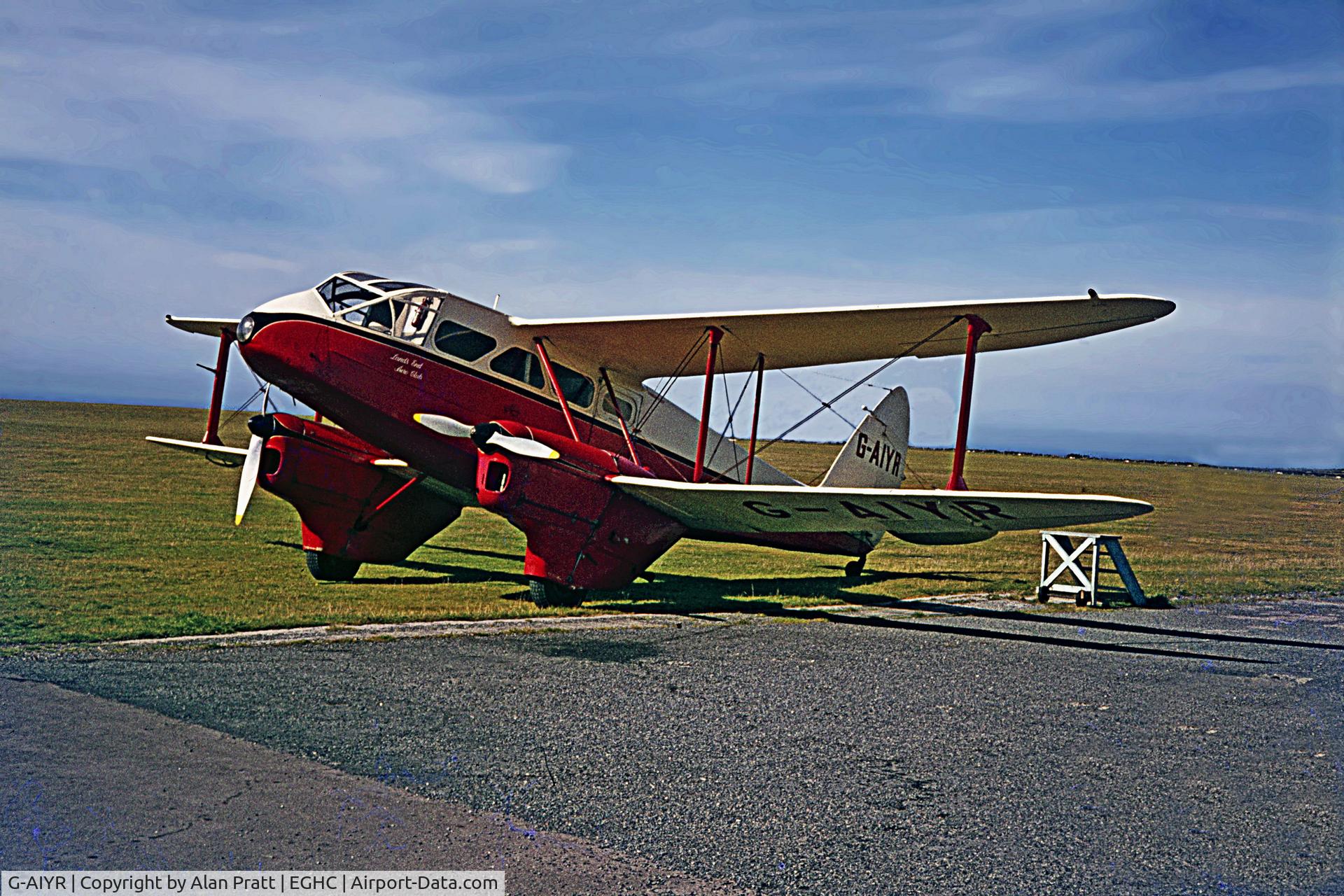 G-AIYR, 1943 De Havilland DH-89A Dominie/Dragon Rapide C/N 6676, At Lands End Airfield with Lands End Aero Club markings. Early 70`s.