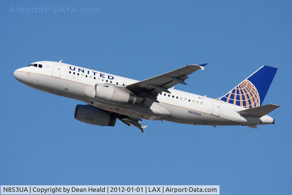 N853UA, 2002 Airbus A319-131 C/N 1688, United Airlines N853UA (FLT UAL312) climbing out from RWY 25R en route to Las Vegas McCarran Int'l (KLAS).