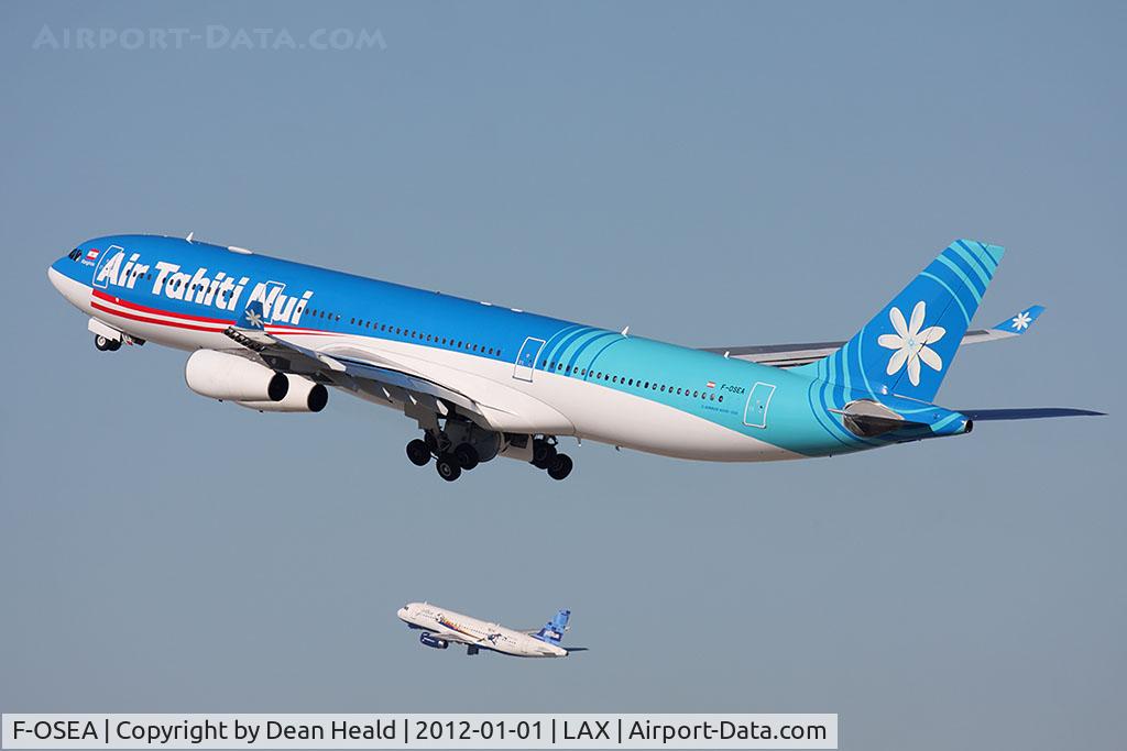F-OSEA, 2001 Airbus A340-313 C/N 438, Air Tahiti Nui F-OSEA (FLT THT8) climbing out from RWY 25R en route to Charles de Gaulle/Roissy (LFPG/CDG) - Paris, France.