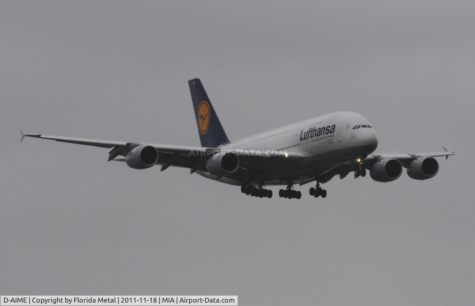 D-AIME, 2010 Airbus A380-841 C/N 061, Lufthansa A380 landing on runway 9 in heavy rain