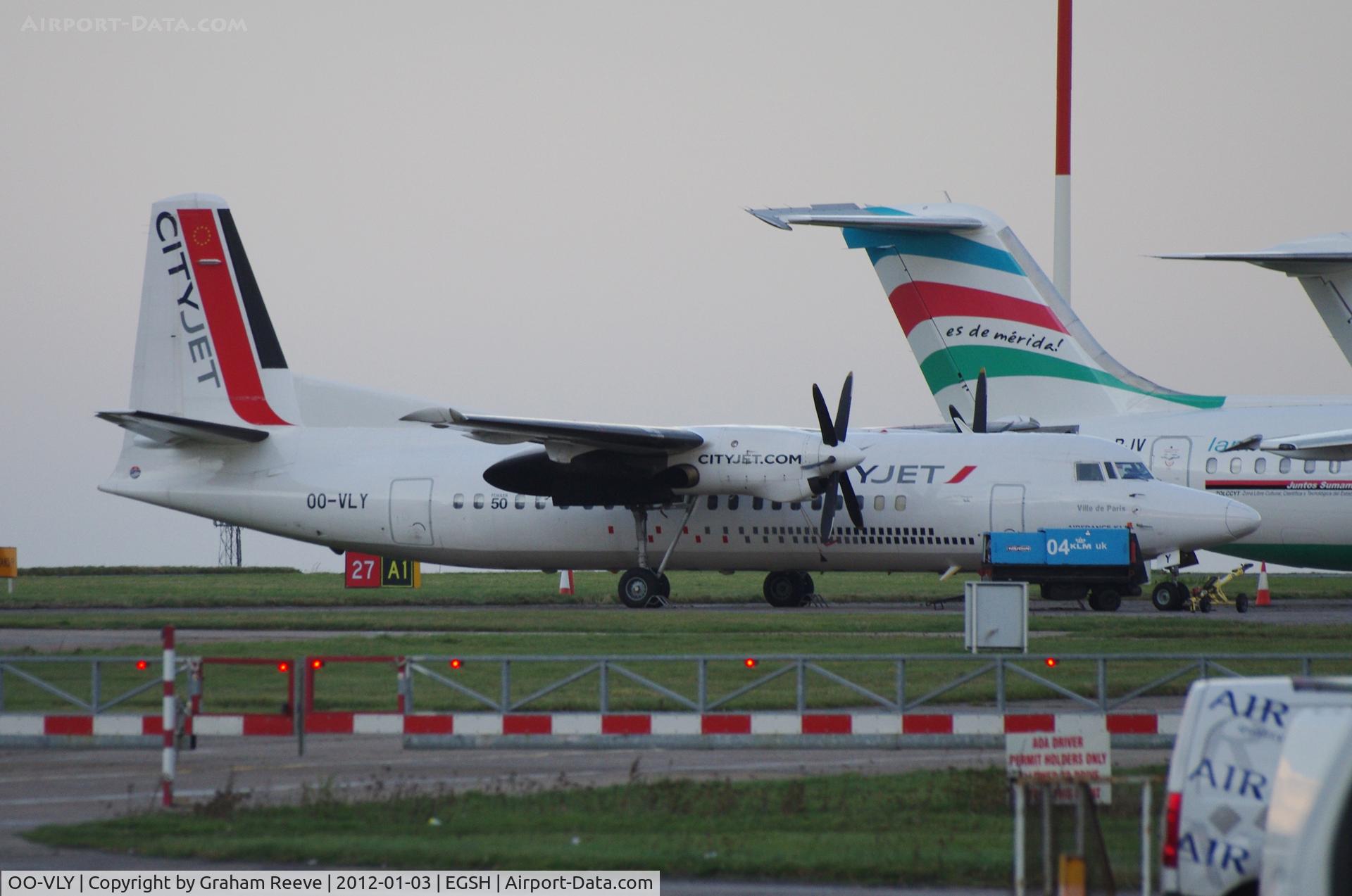OO-VLY, 1990 Fokker 50 C/N 20181, Parked at Norwich.