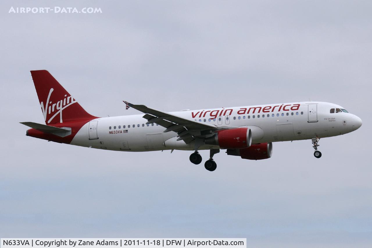 N633VA, 2007 Airbus A320-214 C/N 3230, Virgin America Landing at DFW Airport.