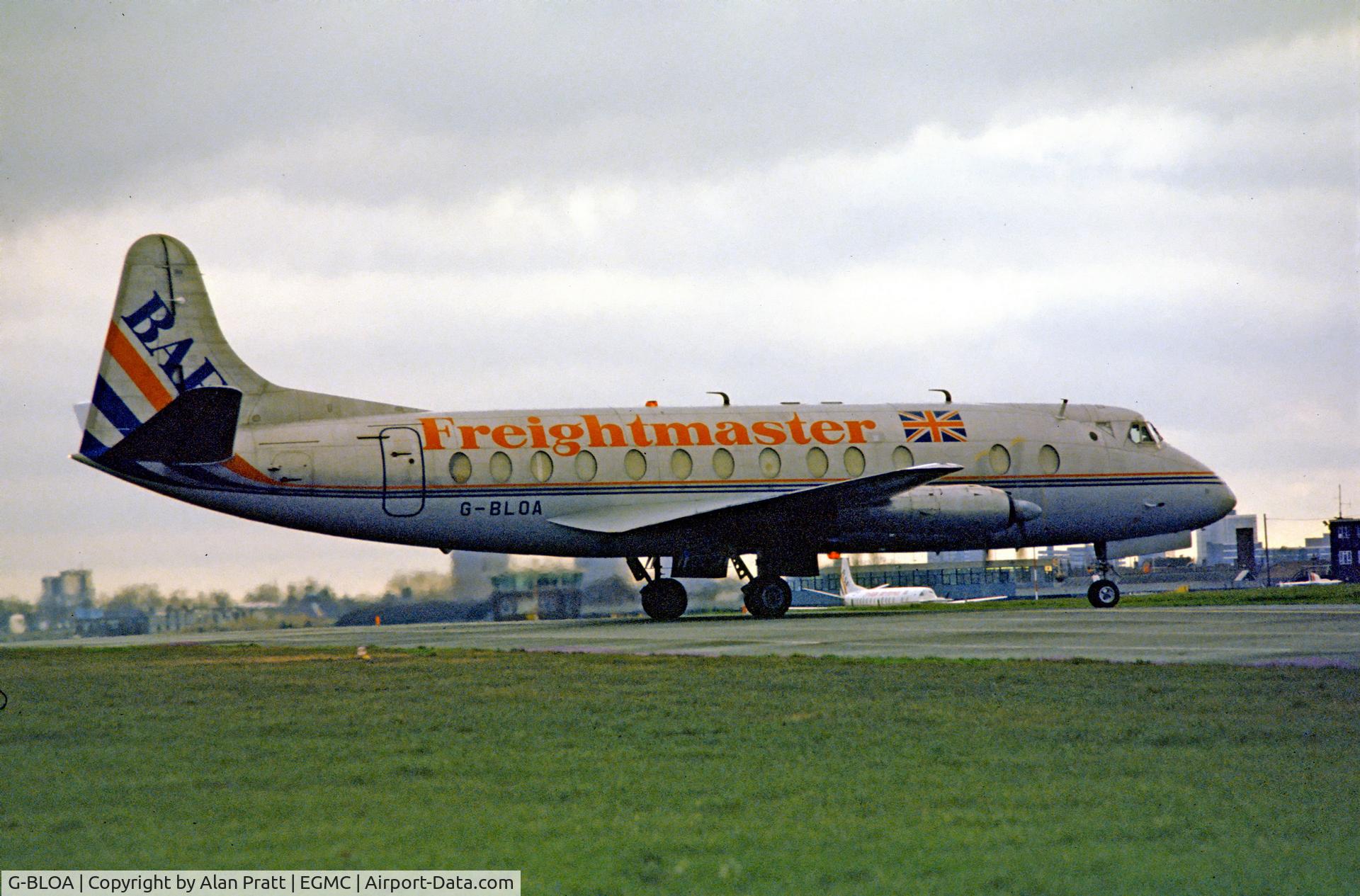 G-BLOA, 1958 Vickers Viscount 806 C/N 259, Carrying out  engine runs Northside of airfield. Freightmaster cargo only configuration. Early 1970`s.