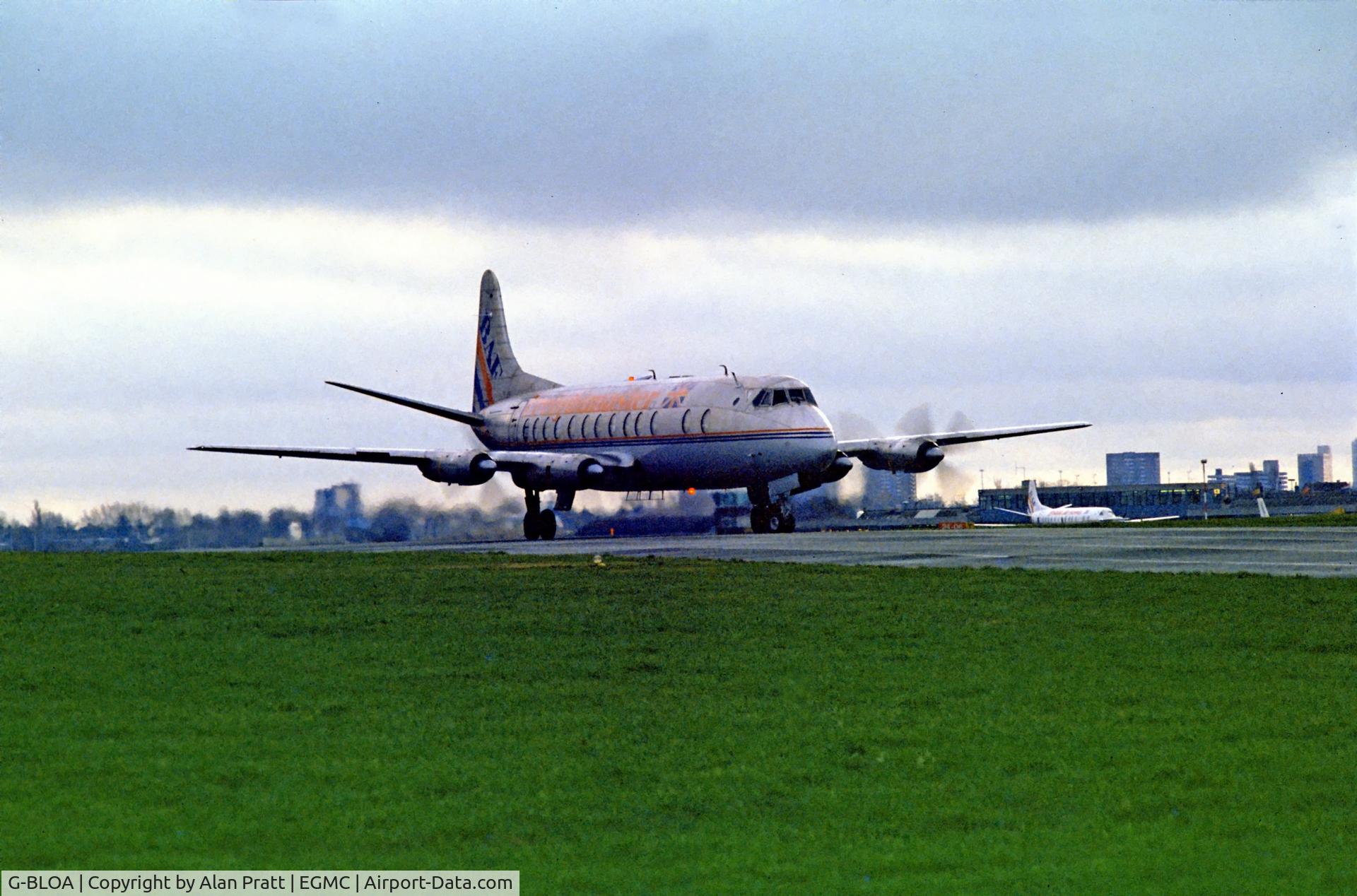 G-BLOA, 1958 Vickers Viscount 806 C/N 259, Taxiing to North Side of airfield to carry out engine runs. Freightmaster cargo only configuration. Early 1970`s.