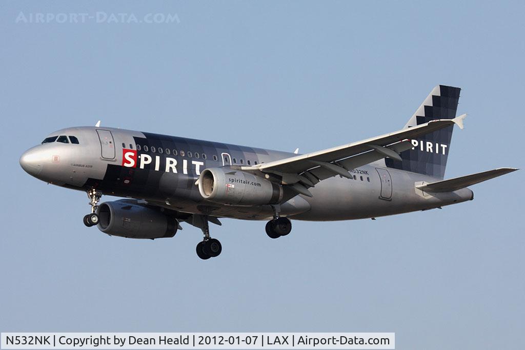 N532NK, 2007 Airbus A319-132 C/N 3165, Spirit Airlines N532NK (FLT NKS561) from Las Vegas McCarran Int'l (KLAS) on short final to RWY 25L.