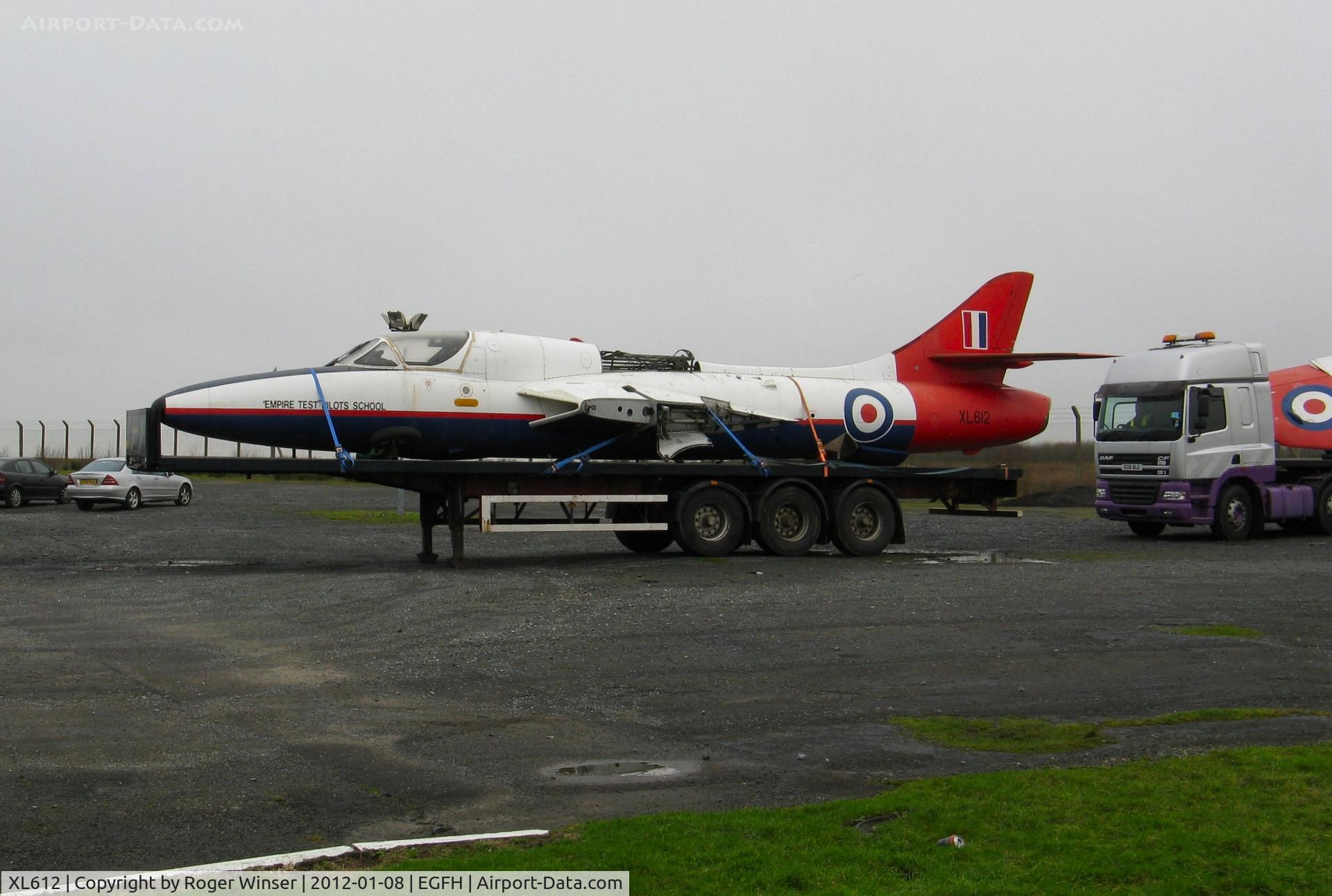 XL612, 1958 Hawker Hunter T.7 C/N 41H-695346, The fuselage, etc of former ETPS Hawker Hunter transported from Exeter Airport to Swansea Airport on 8th January 2012.