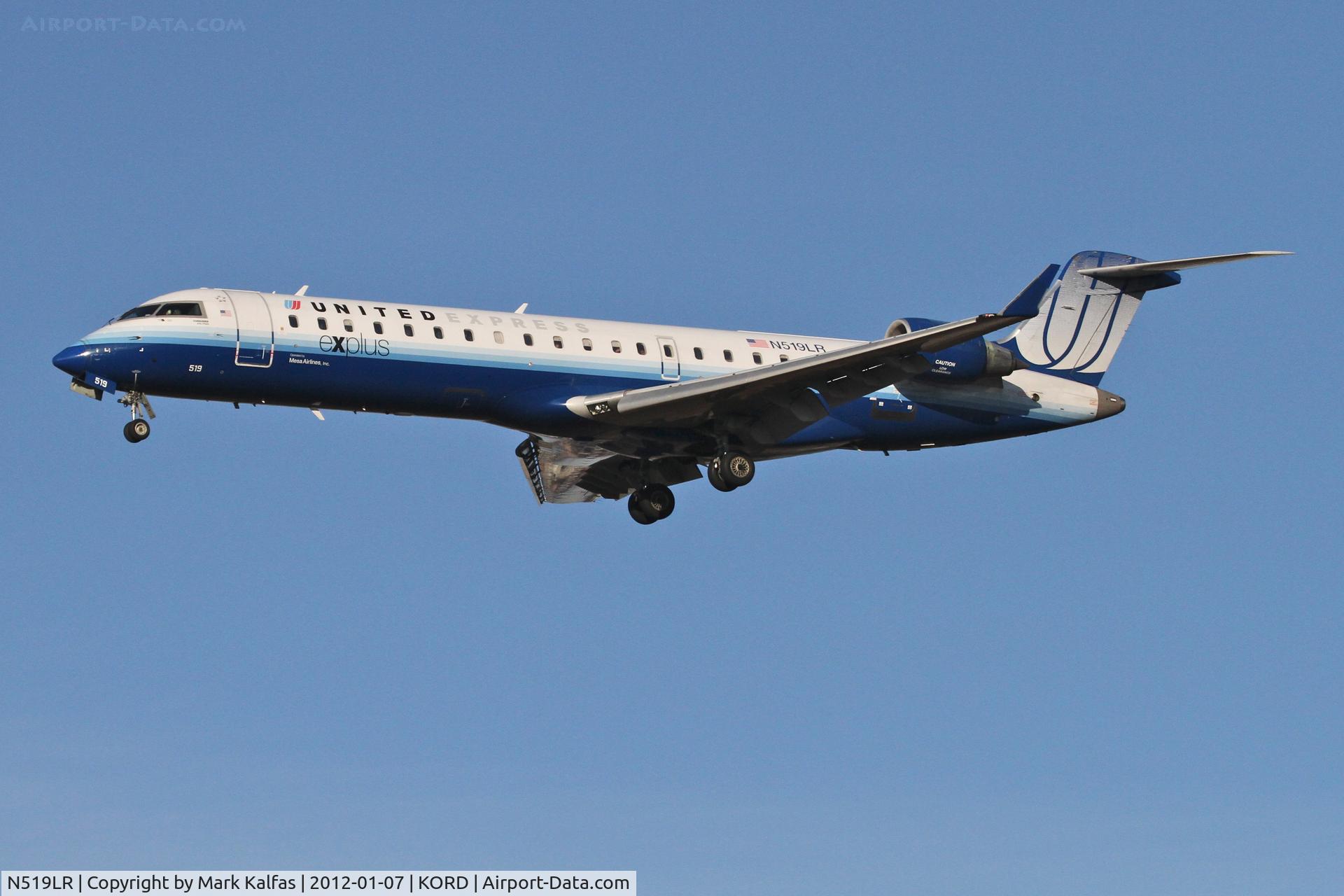 N519LR, 2006 Bombardier CRJ-700 (CL-600-2C10) Regional Jet C/N 10260, Mesa Airlines/United Express Bombardier CL-600-2C10, ASH3753 arriving from KDFW, RWY 28 approach KORD.