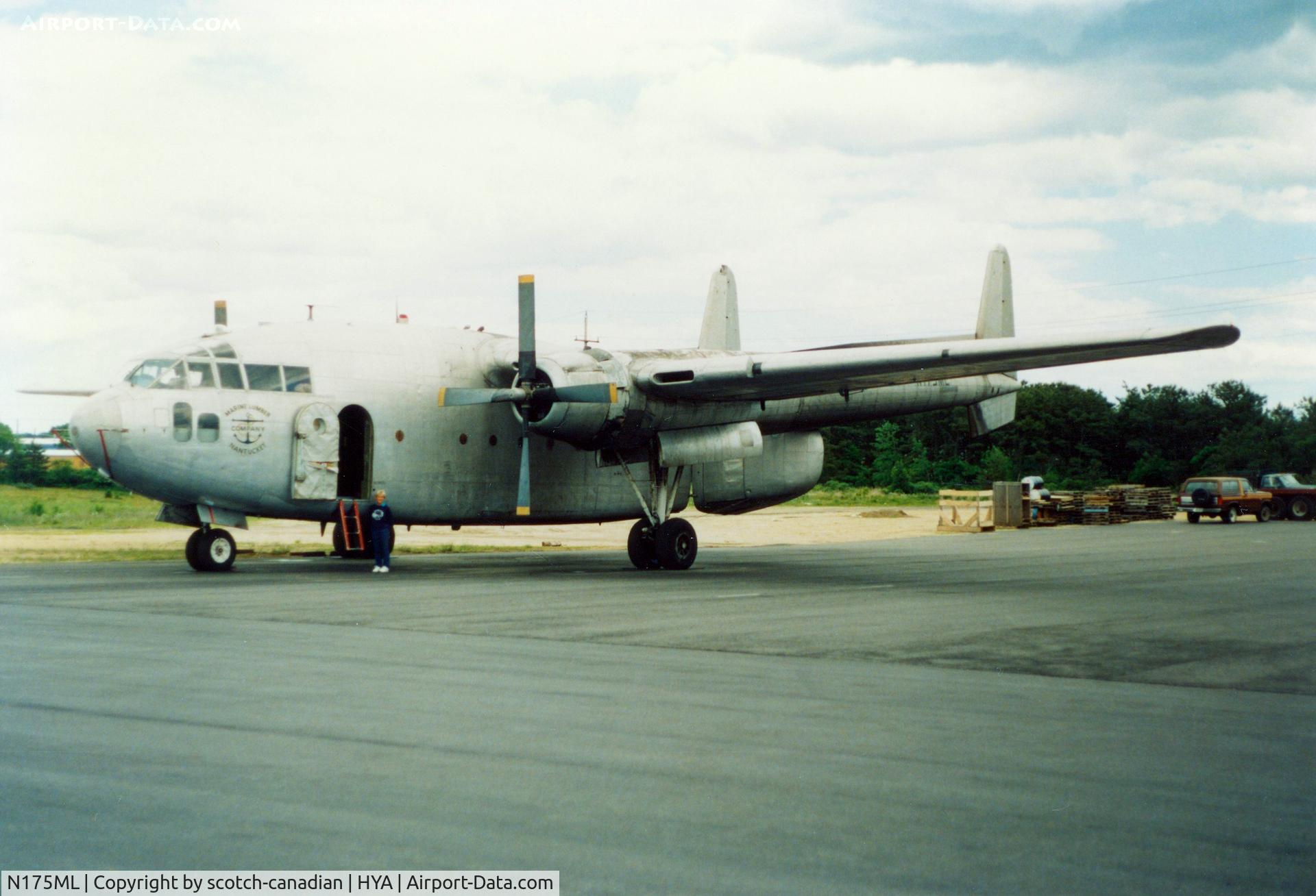 N175ML, 1953 Fairchild C-119F Flying Boxcar C/N 10844, 1953 Fairchild C-119 N175ML at Barnstable Municipal Airport, Hyannis, MA - July 1986