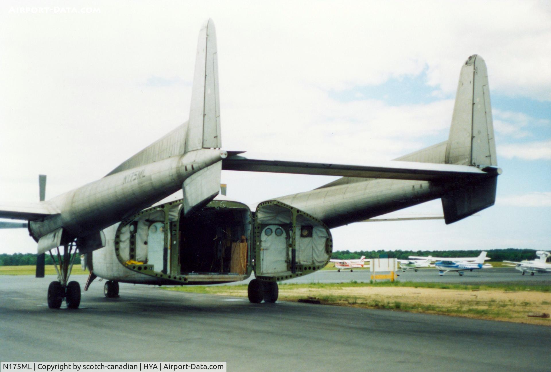 N175ML, 1953 Fairchild C-119F Flying Boxcar C/N 10844, 1953 Fairchild C-119 N175ML at Barnstable Municipal Airport, Hyannis, MA - July 1986