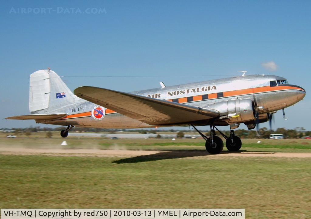 VH-TMQ, 1944 Douglas C-47B Skytrain C/N 16136/32884, Tail wheel off the ground in take-off run at the Harry Houdini Commemorative Airshow at Melton in March 2010