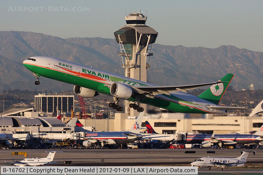 B-16702, 2005 Boeing 777-35E/ER C/N 32640, EVA Air B-16702 (FLT EVA11) departing RWY 25R en route to Taiwan Taoyuan Int'l (RCTP/TPE).