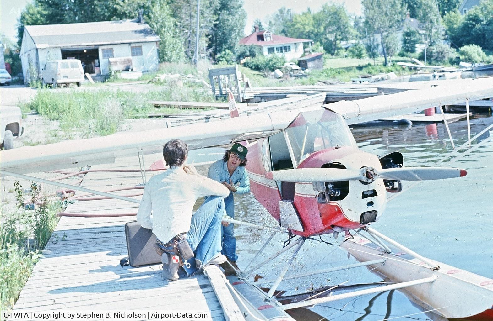 C-FWFA, 1946 Piper J3C-65 Cub Cub C/N 21265, In Ottawa prior to 1977. Based in Sioux Lookout, Ontario 1977-79, owned by Stephen B. Nicholson, a land surveyor. Sold 1979 to Ernie Nicholl, an outfitter in Armstrong, Ont. Flown on floats and wood skis.