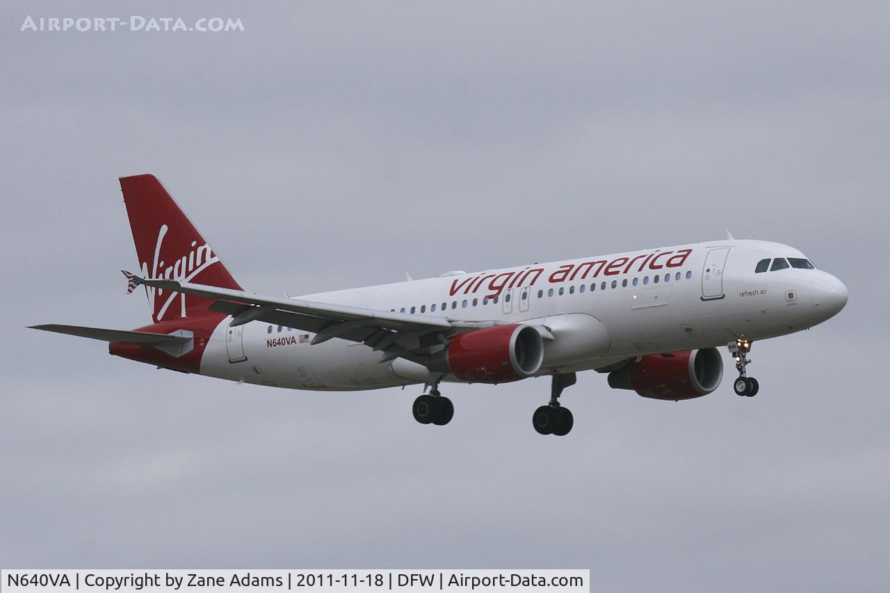 N640VA, 2007 Airbus A320-214 C/N 3349, Virgin America landing at DFW Airport