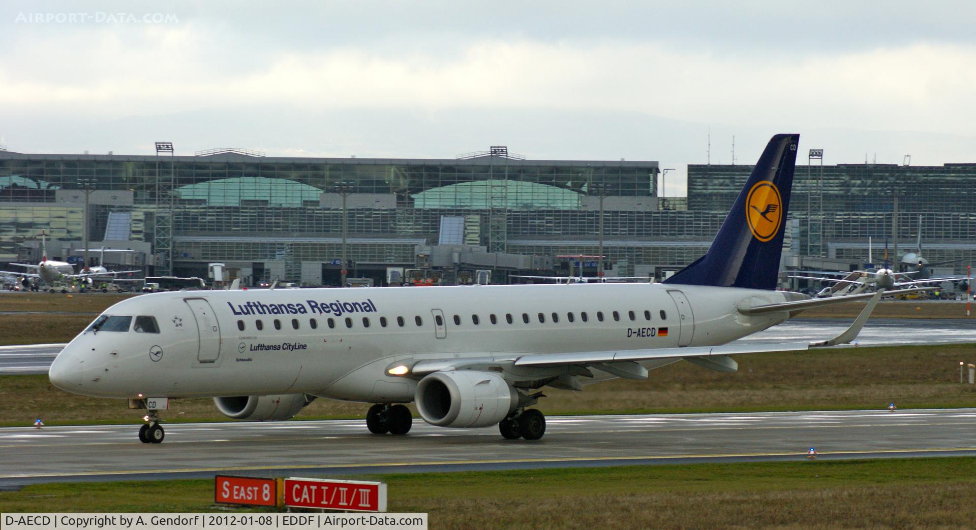 D-AECD, 2010 Embraer 190LR (ERJ-190-100LR) C/N 19000337, Lufthansa Cityline, is taxiing at Frankfurt Int´l (EDDF)
