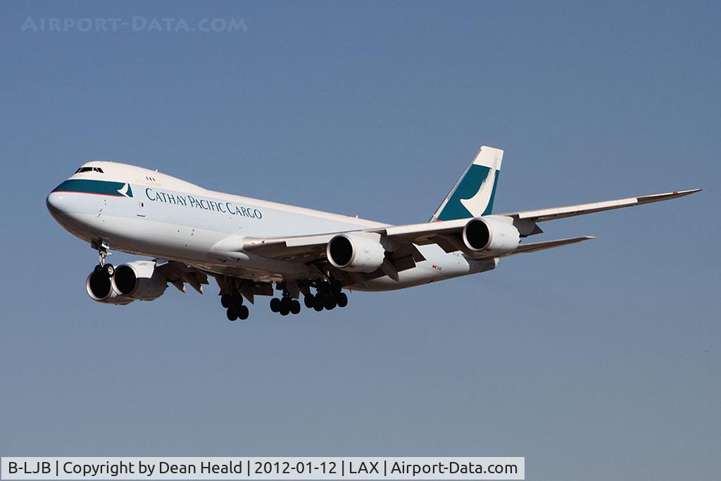 B-LJB, 2011 Boeing 747-867F/SCD C/N 39239, Cathay Pacific Cargo B-LJB (FLT CPA71) from Miami Int'l (KMIA) on short-final to RWY 25L.  747-867F delivered 11-23-2011.