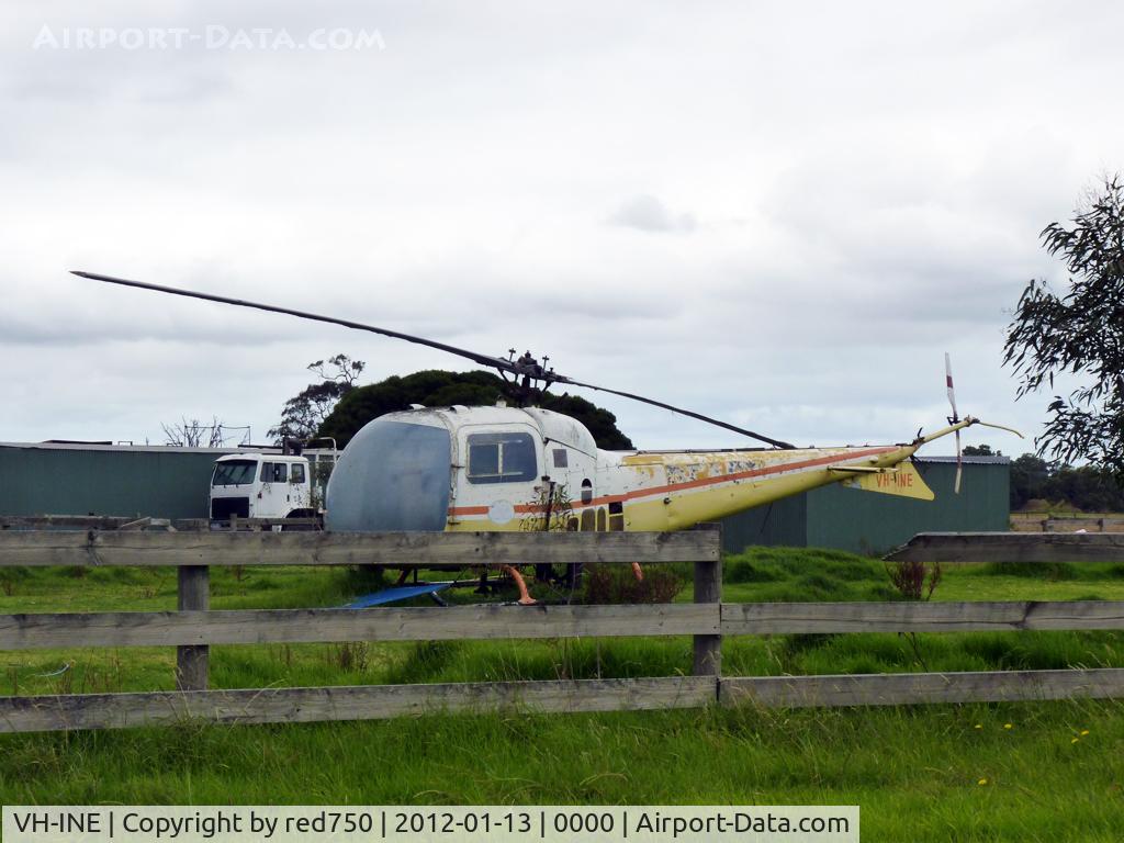VH-INE, 1959 Bell 47J-2 Ranger C/N 1772, What a sad sight. This derelict Bell served with Ansett ANA. On withdrawal from service, it went to an amusement park for kids to scramble over. When the park closed it was moved to its current location on a farm south-east of Melbourne.
