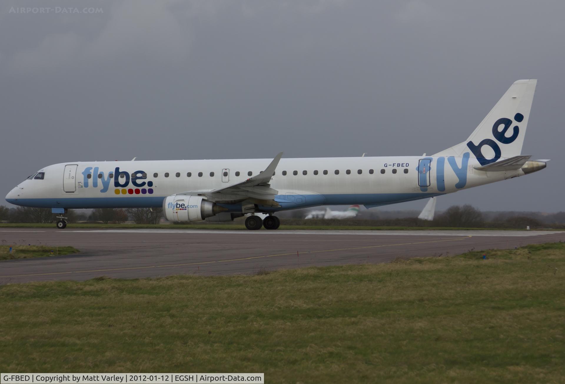 G-FBED, 2007 Embraer 195LR (ERJ-190-200LR) C/N 19000084, Departing EGSH in dull conditions.