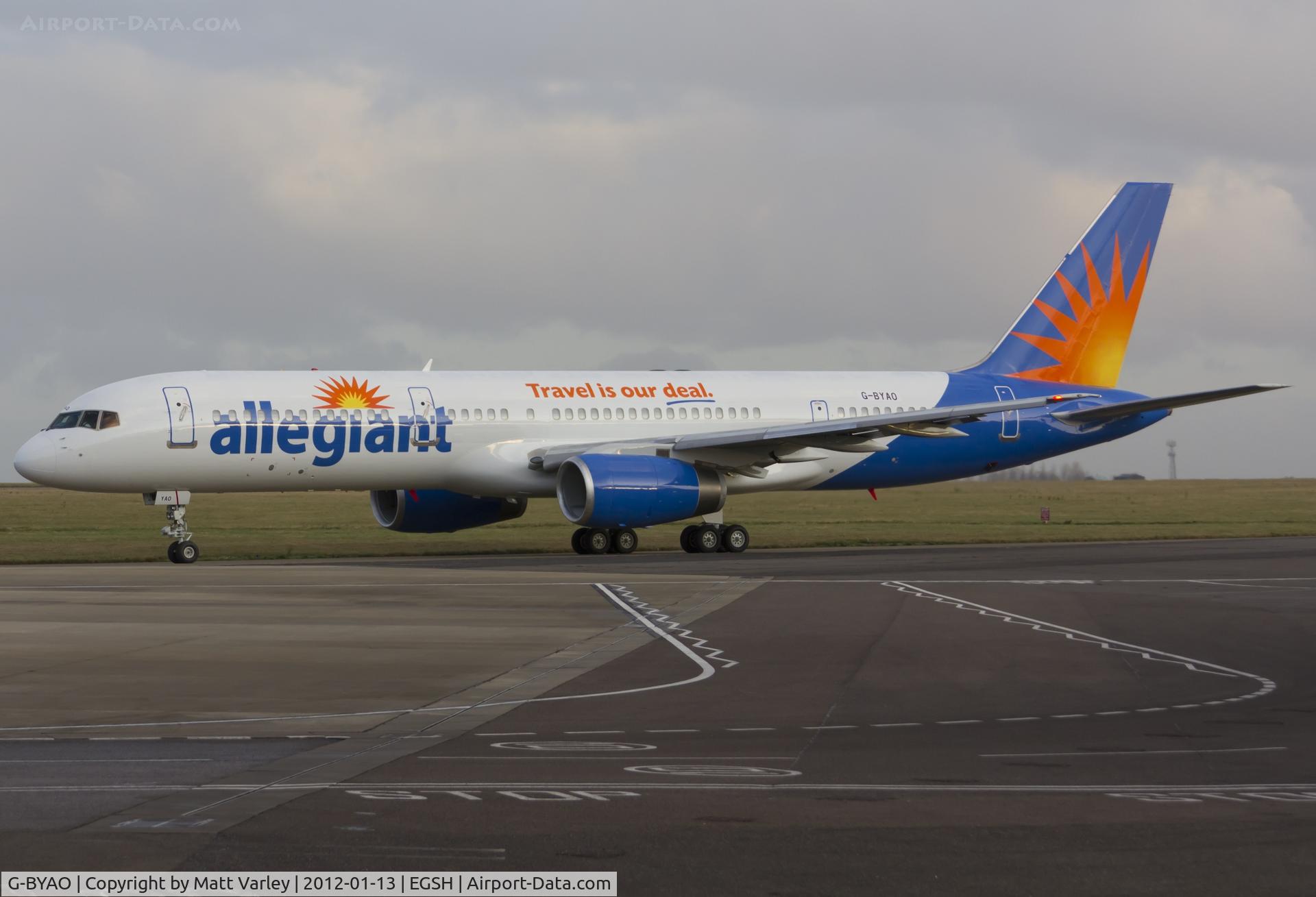 G-BYAO, 1994 Boeing 757-204 C/N 27235, Pushed back from stand 6 in the colours of Allegiant Air.