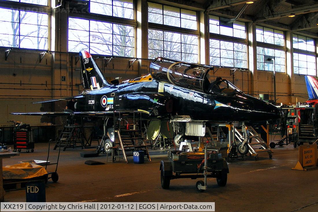 XX219, 1978 Hawker Siddeley Hawk T.1A C/N 055/312055, inside the Aircraft Maintenance & Storage Unit hangar. After being in storage at Shawbury for several years, this Hawk is now being prepared for return to service. It will be repainted and become part of the Red Arrows fleet