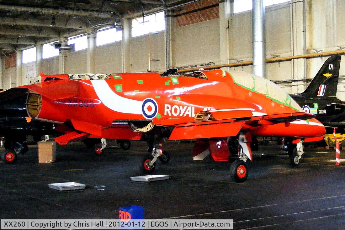 XX260, 1978 Hawker Siddeley Hawk T.1A C/N 096/312096, former Red Arrows Hawk inside the Aircraft Maintenance & Storage Unit hangar