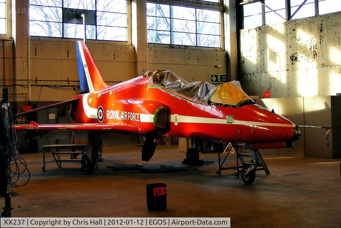 XX237, 1978 Hawker Siddeley Hawk T.1A C/N 073/312073, former Red Arrows Hawk inside the Aircraft Maintenance & Storage Unit hangar