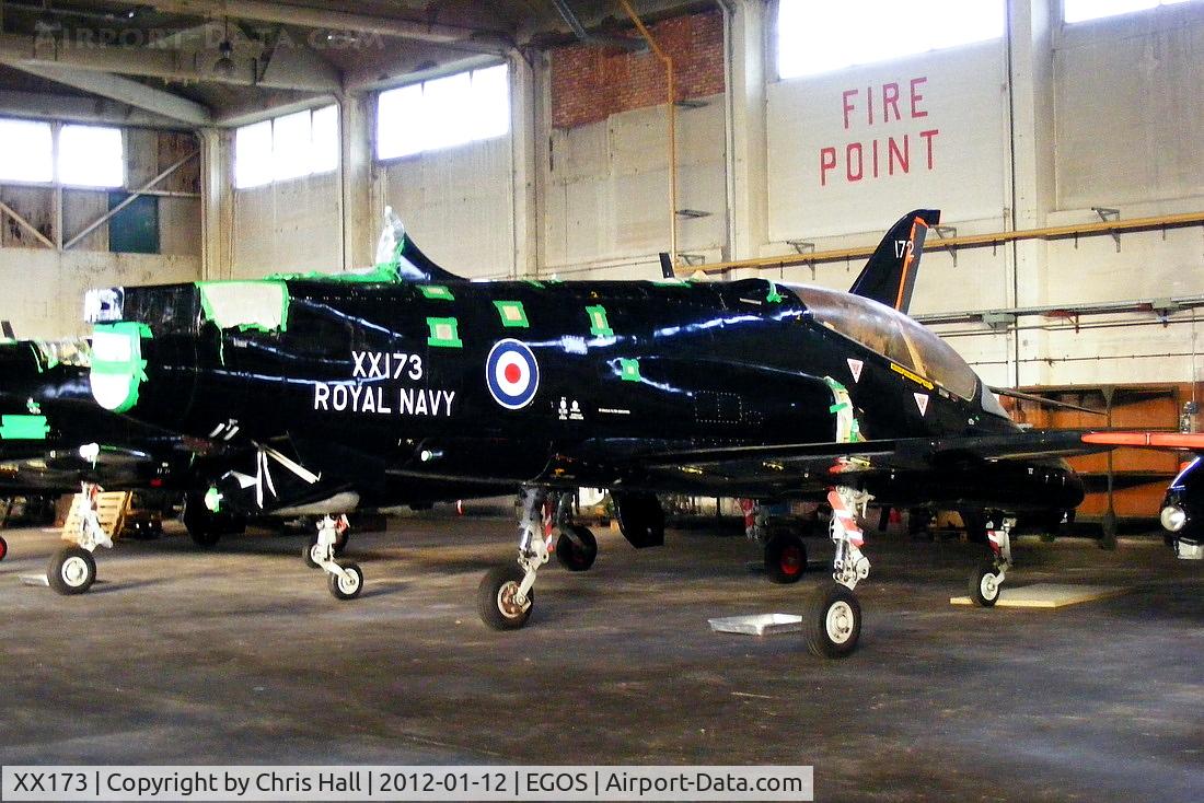 XX173, 1977 Hawker Siddeley Hawk T.1 C/N 020/312020, inside the Aircraft Maintenance & Storage Unit hangar