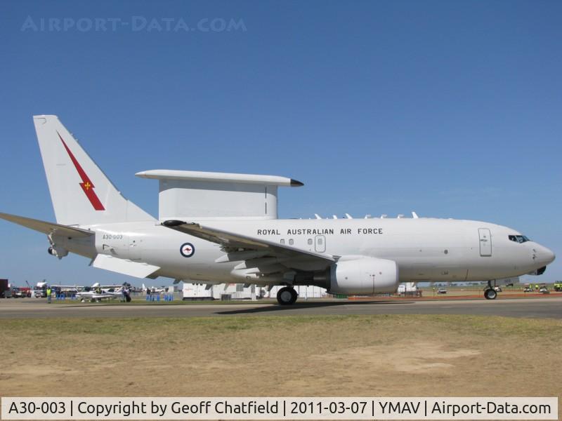 A30-003, Boeing E-7A Wedgetail (737-7ES) C/N 33476, Ex N359BJ (ex Boeing) s/n 33476/1810 date manufactured 2005, now with No 2 Sqn based at Amberly in Qld, photo taken during the Air show down under