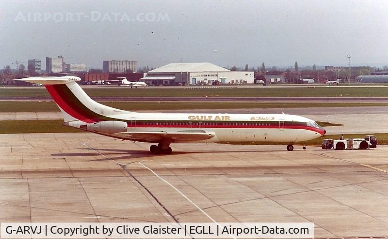 G-ARVJ, 1964 Vickers VC10 Srs 1101 C/N 812, Owned by BOAC but wet-leased to Qatar between 1975 & 1981. Sold to the RAF & re-registered as ZD493 - it was used for spares. Photo taken Summer 1976