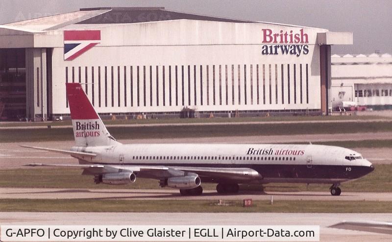 G-APFO, 1960 Boeing 707-436 C/N 17716, Leased to British airtours - Originally delivered to BOAC on 09.12.1960 and broken up in 1986.Photo taken Summer 1976
