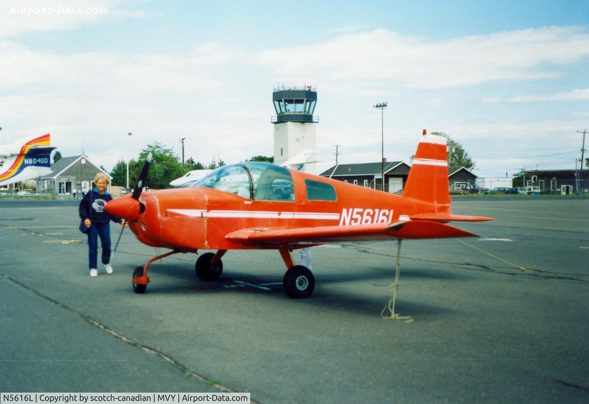 N5616L, American AA-1 Yankee C/N AA10018, American AA-1 N5616L at Martha's Vineyard Airport, Vineyard Haven, MA - July 1986