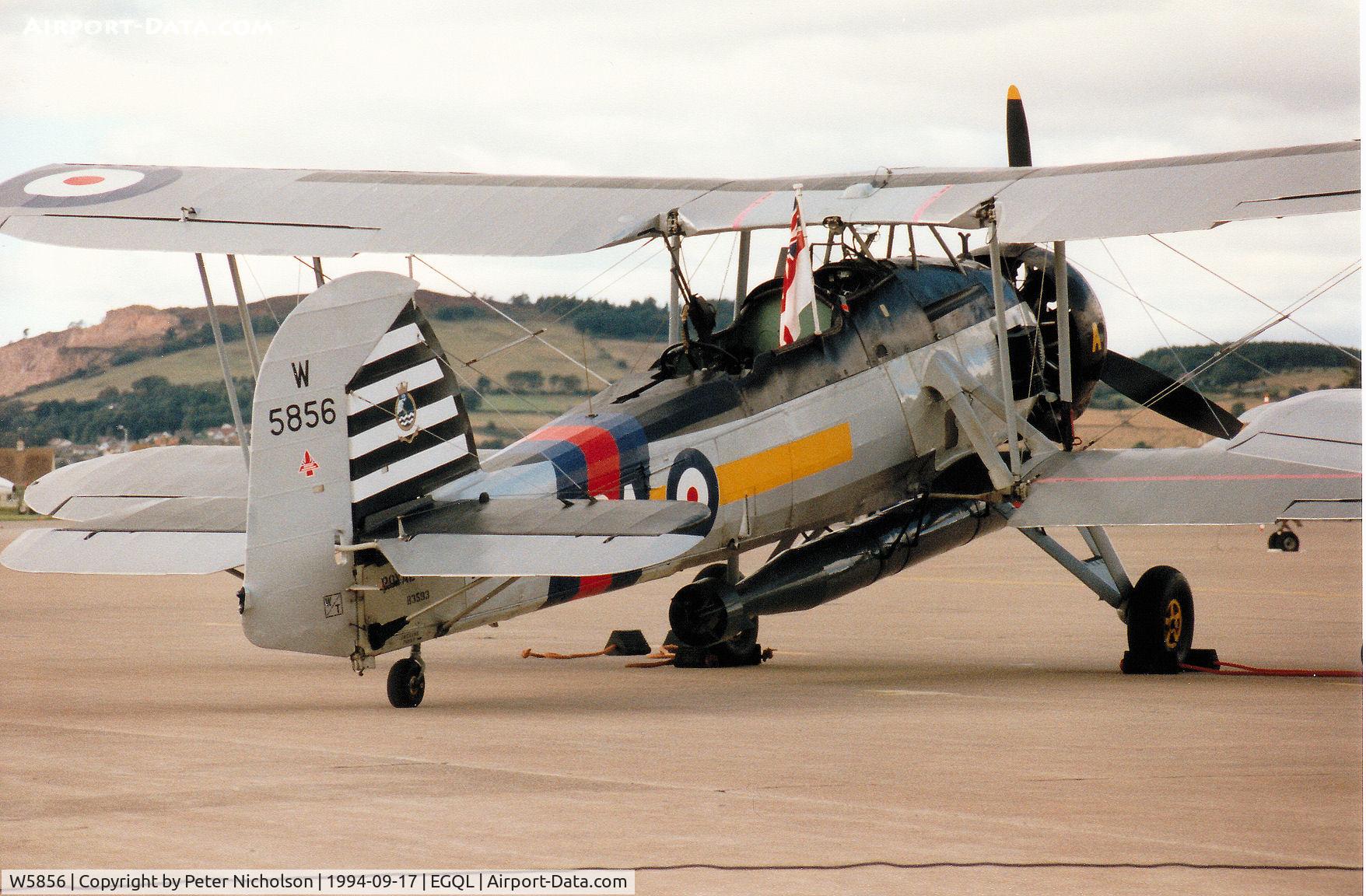 W5856, 1941 Fairey Swordfish 1 C/N B3593, Swordfish II of the Royal Navy Historic Flight on display at the 1994 RAF Leuchars Airshow.