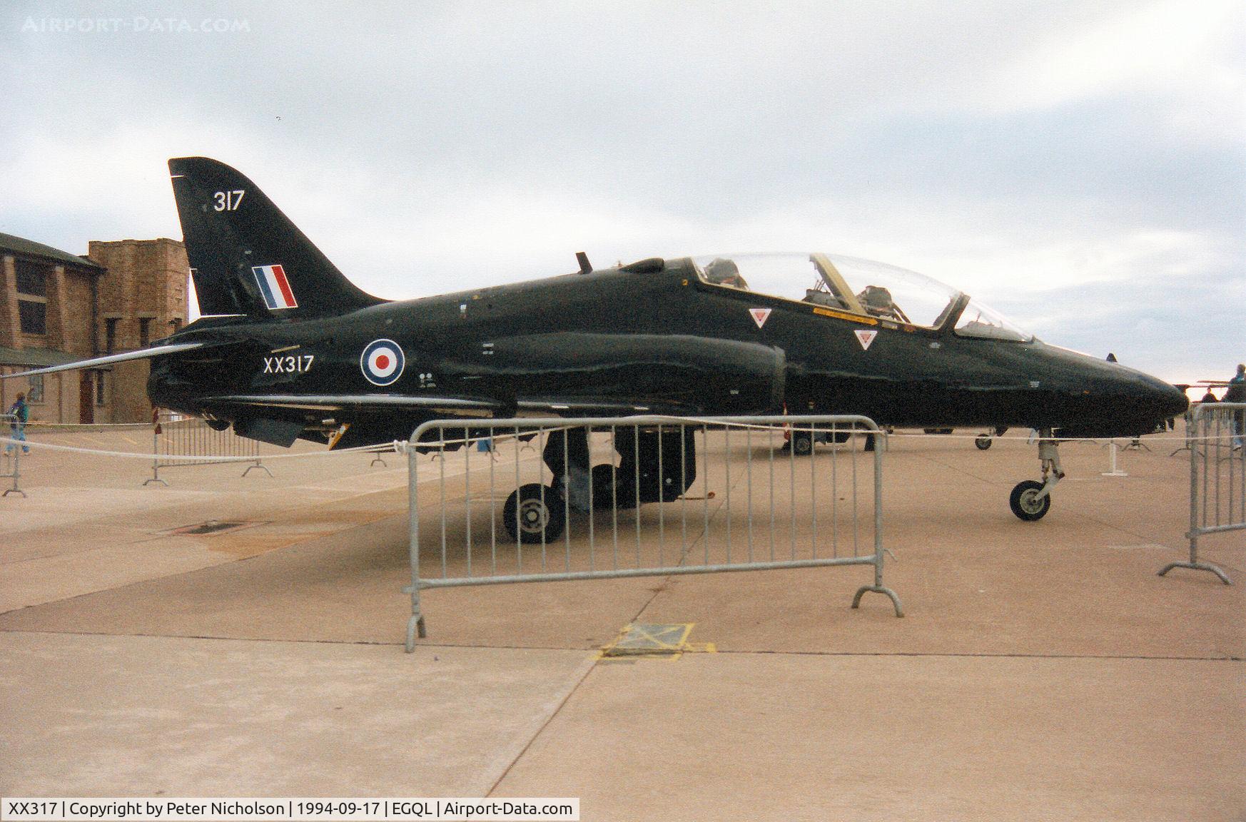 XX317, 1980 Hawker Siddeley Hawk T.1A C/N 159/312142, Hawk T.1A of 208(Reserve) Squadron at RAF Valley on display at the 1994 RAF Leuchars Airshow.
