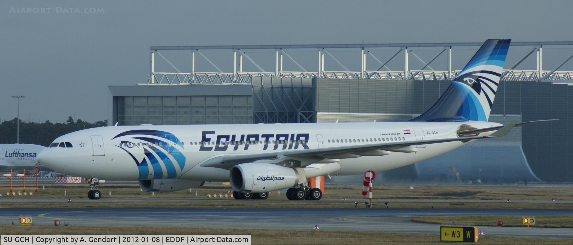 SU-GCH, 2005 Airbus A330-243 C/N 683, Egypt Air, is seen here taxiing to parking position after landing at Frankfurt Int´l (EDDF)