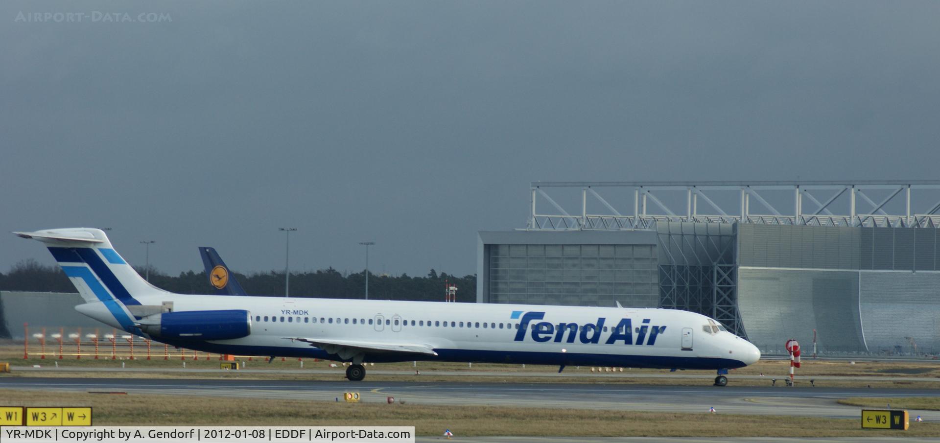 YR-MDK, 1982 McDonnell Douglas MD-82 (DC-9-82) C/N 49139, Tend Air, taxiing to runway 18 for departure at Frankfurt Int´l (EDDF)