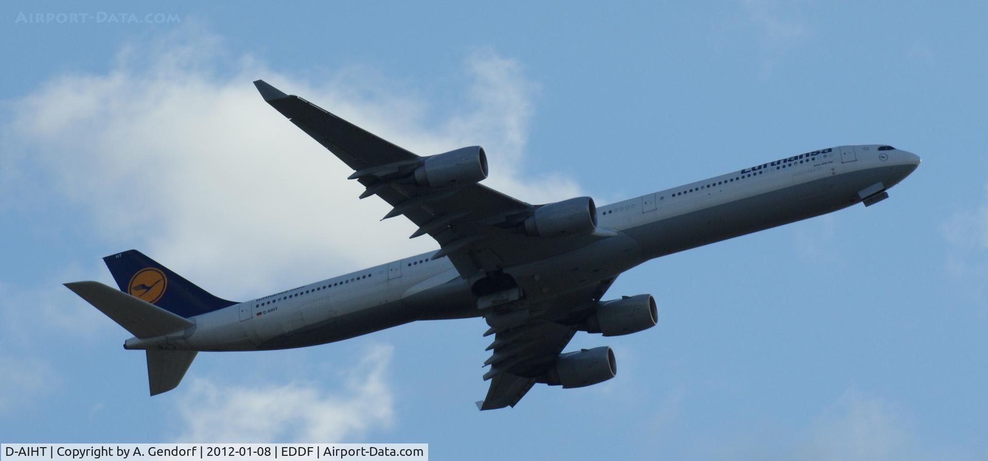 D-AIHT, 2008 Airbus A340-642 C/N 846, Lufthansa, climbing out after take off on runway 25C at Frankfurt Int´l (EDDF)