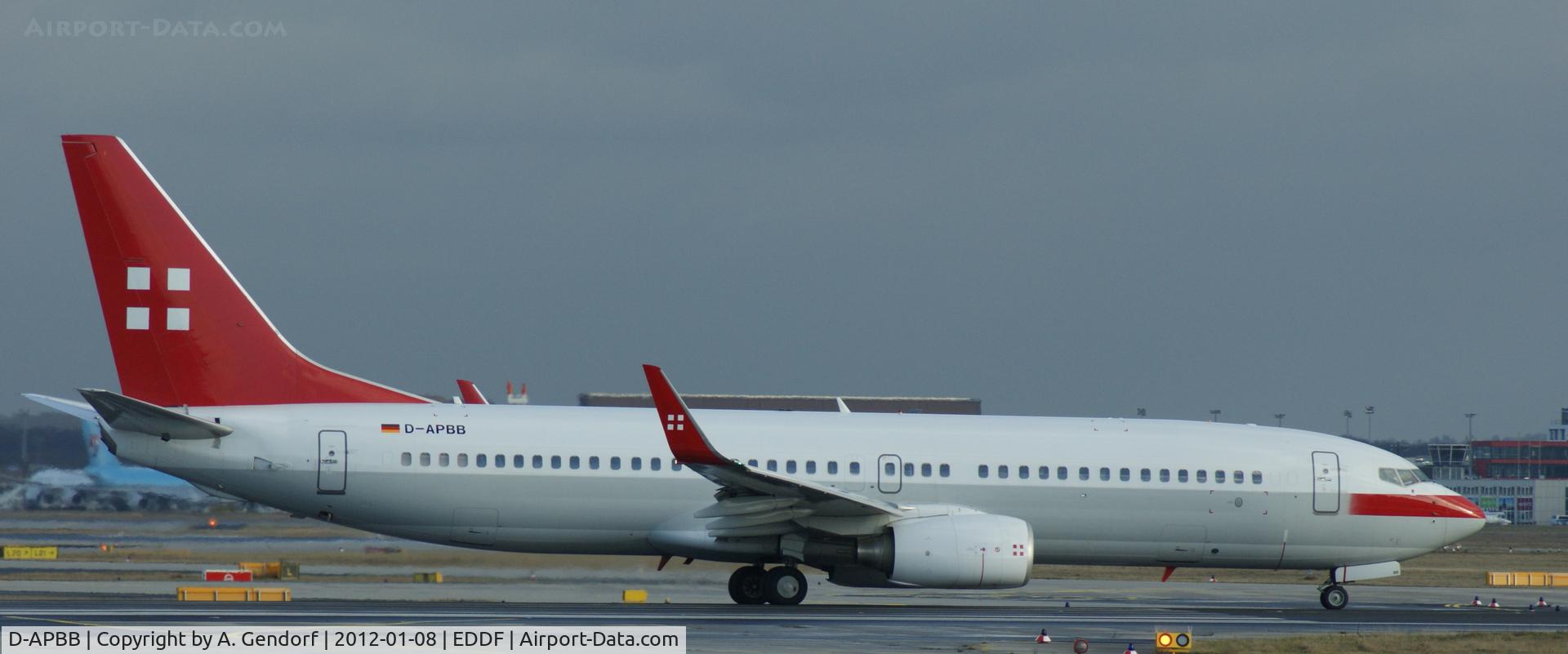 D-APBB, 2008 Boeing 737-8Q8 C/N 35278, Privat Air (operated by Lufthansa), is waiting on runway 18 at Frankfurt Int´l (EDDF)