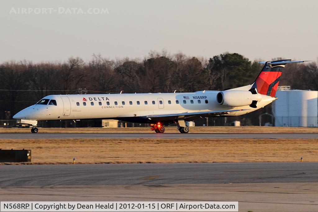 N568RP, 2004 Embraer EMB-145LR C/N 145800, Delta Connection (Chautauqua Airlines) N568RP (FLT CHQ6042) from Boston Logan Intl (KBOS) rolling out on RWY 5 after landing. This aircraft, the 800th ERJ, no longer has the 