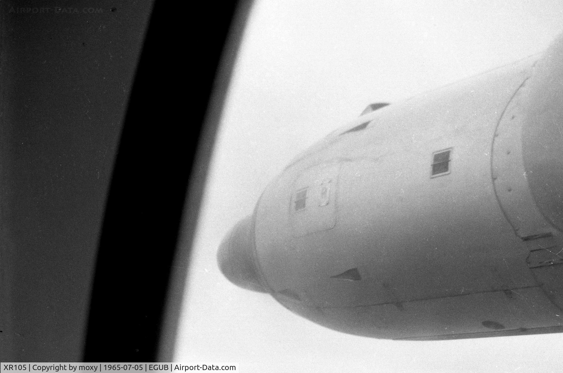 XR105, 1962 Armstrong Whitworth AW-660 Argosy C.1 C/N 6783, View of one of the four Rolls Royce Dart RDa.8 Mk 101 engines of RAF Argosy XR105. Taken on a training sortie from RAF Benson with a Kodak Brownie 127. Eight images per film!