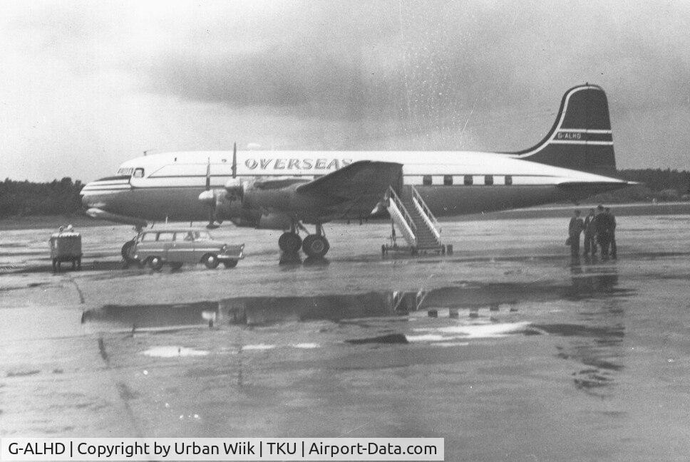 G-ALHD, 1948 Canadair C-4 (DC-4M-2) Argonaut C/N 146, Argonaut on TKU airport 1961 flying langauge school children to England. Had trouble fueling due to previous unpaid bills.