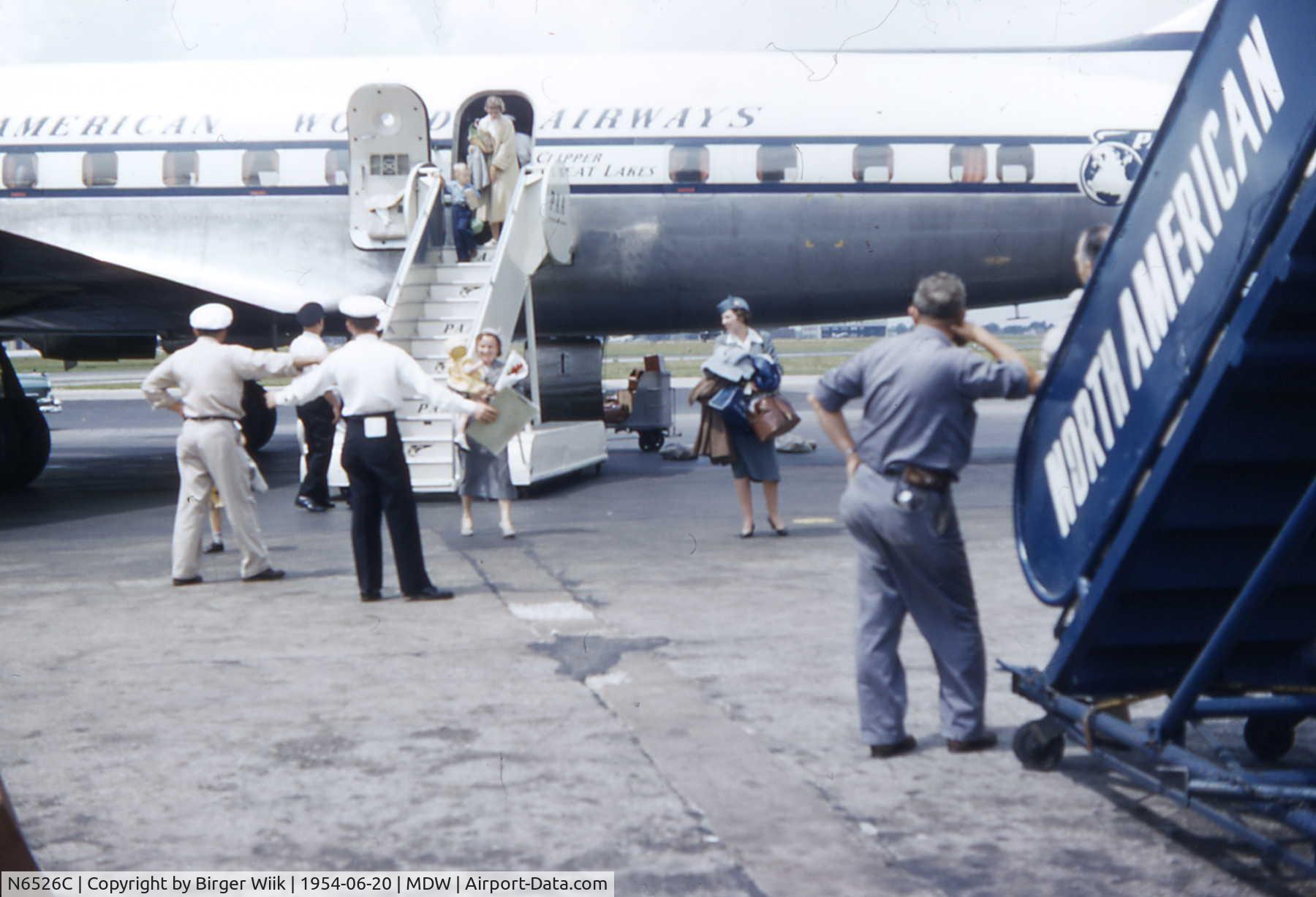 N6526C, 1952 Douglas DC-6B C/N 43526/241, My mother, my little sister and me immigrated into the states with this PanAmerican Clipper great lakes 1954.
Route KPH, SNN,KEF,YQX,DTW,MDW  24h.
My father met us and took the photo