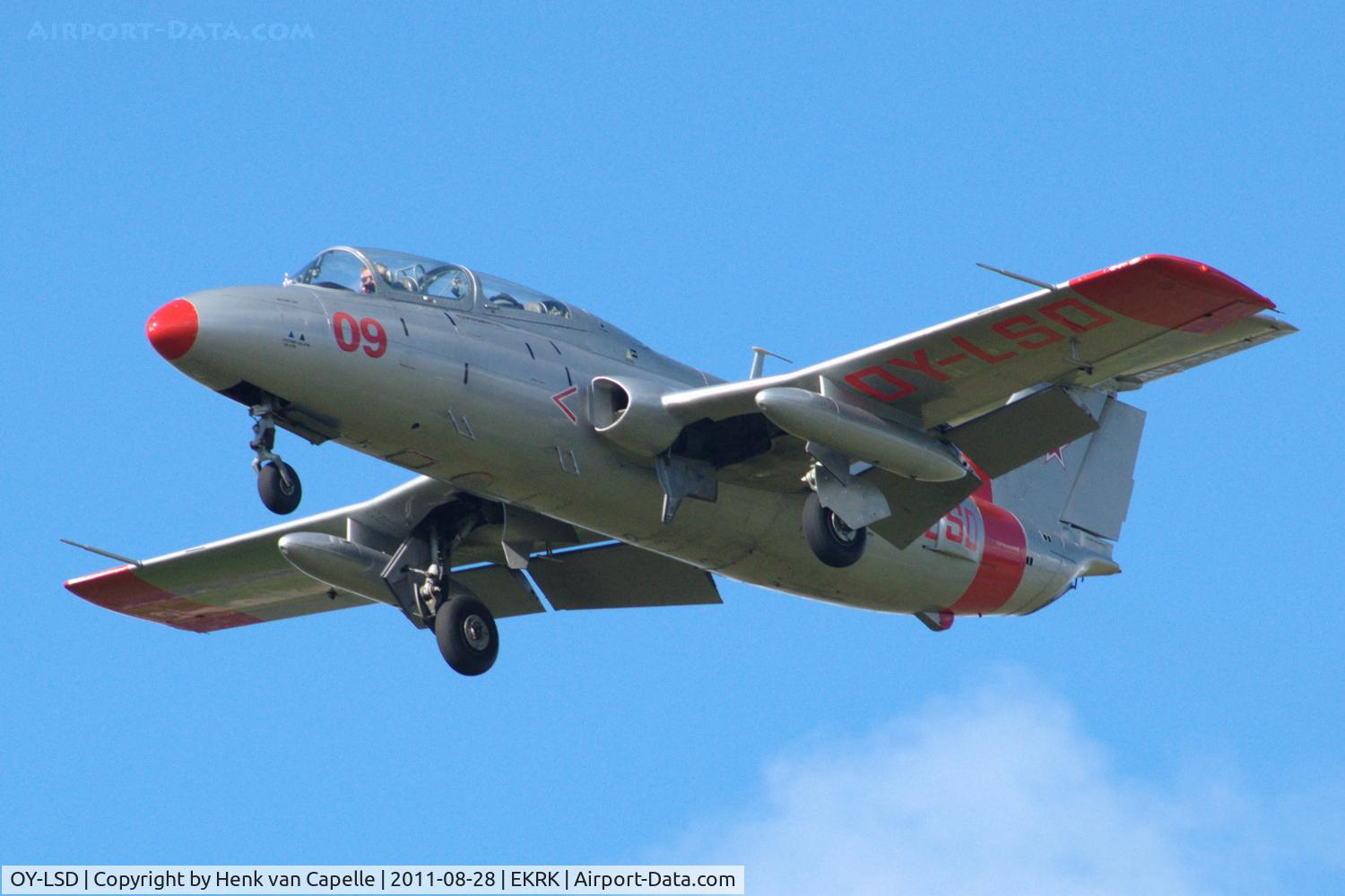 OY-LSD, 1973 Aero L-29 C/N 394952, L-29 jet trainer fly-past with landing gear extended.