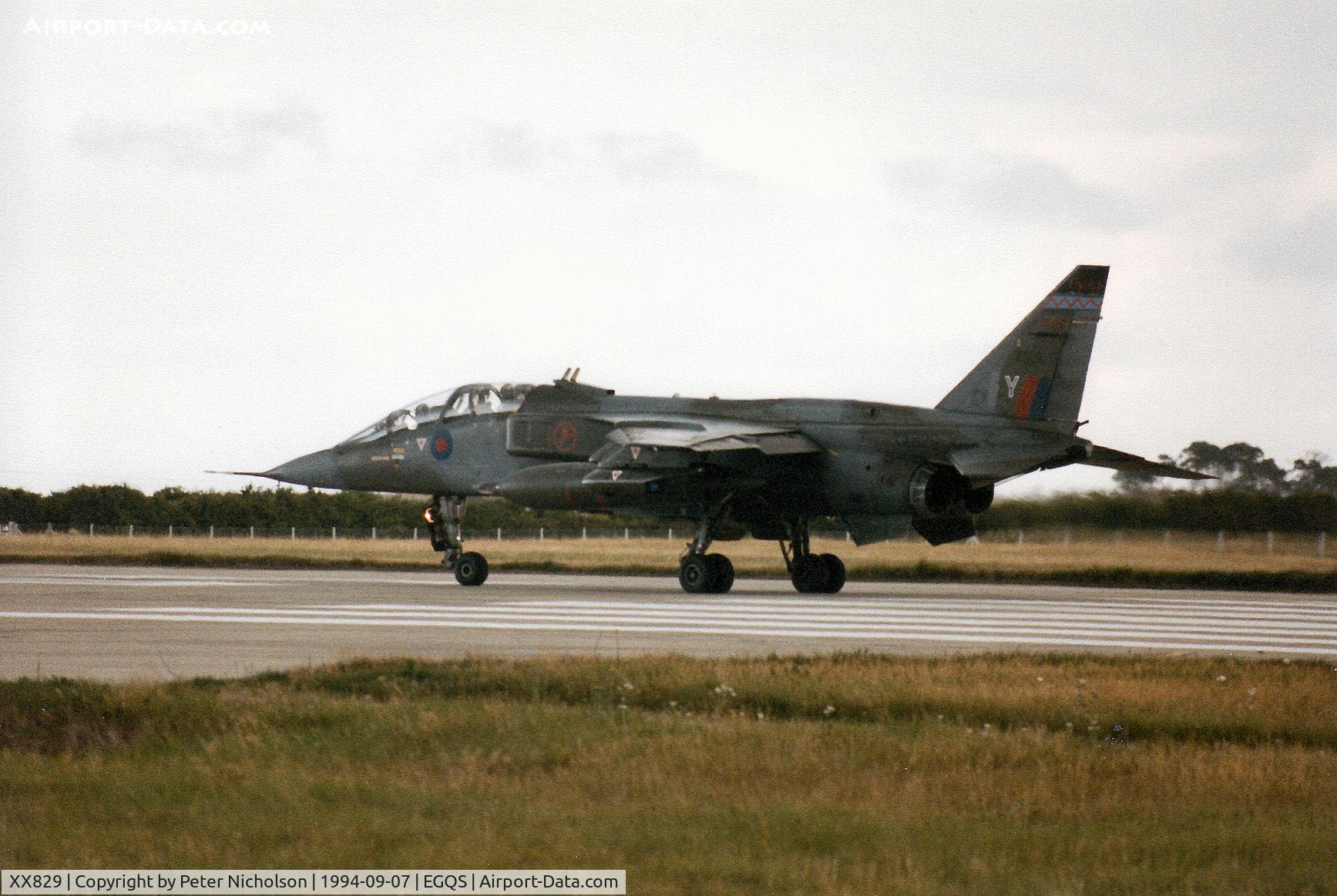 XX829, 1974 Sepecat Jaguar T.2A C/N B.17, Jaguar T.2A of 16(Reserve) Squadron preparing to take-off on Runway 05 at RAF Lossiemouth in September 1994.