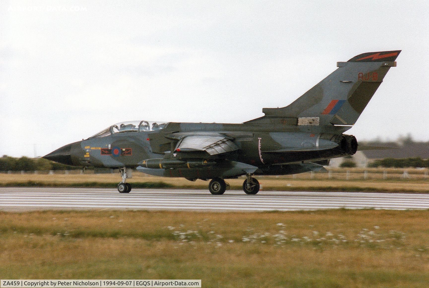 ZA459, 1983 Panavia Tornado GR.1 C/N BS089/264/3125, Tornado GR.1B, callsign Saxon 2, of 617 Squadron preparing to take-off on Runway 05 at RAF Lossiemouth in September 1994.