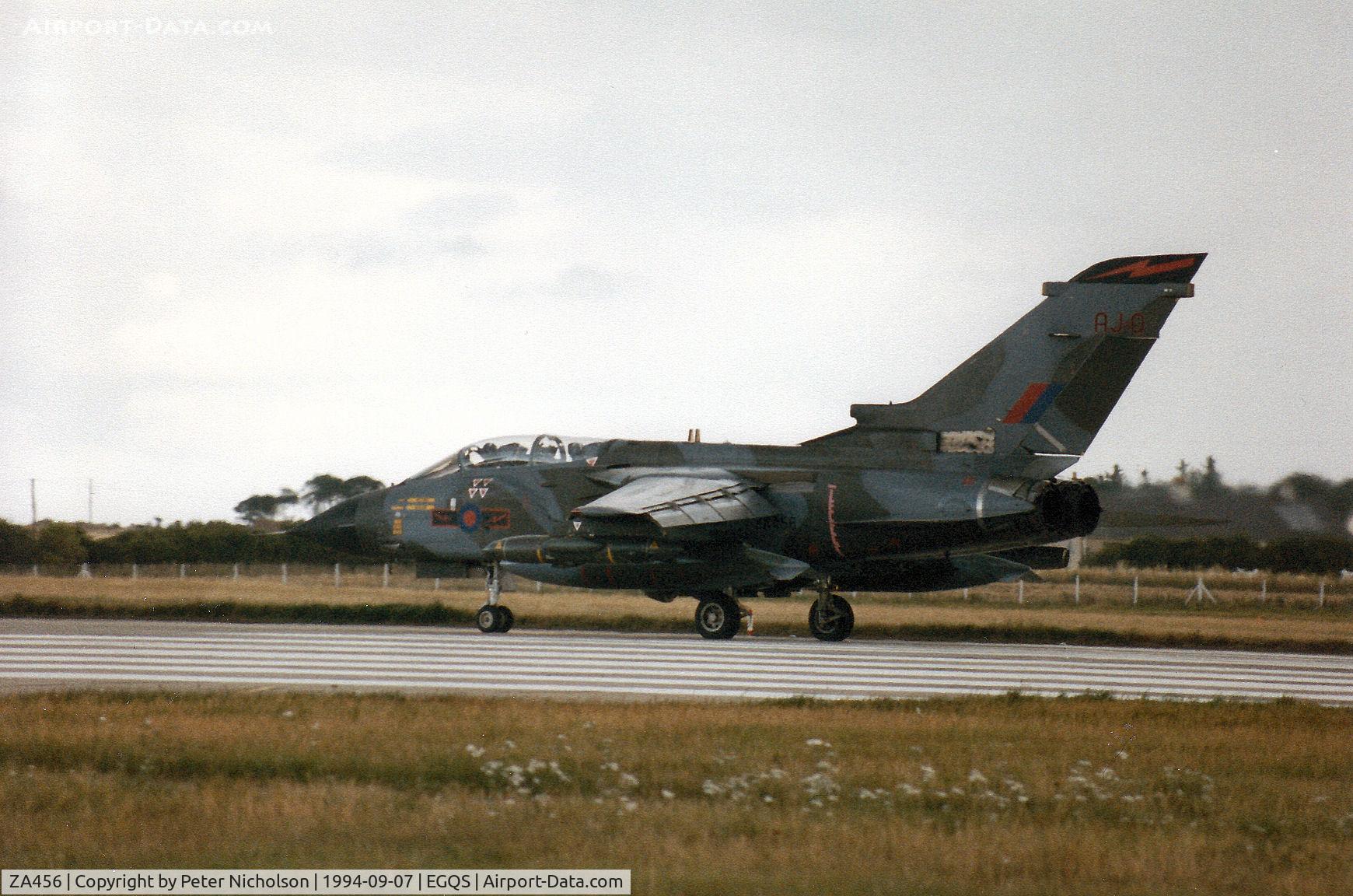 ZA456, 1984 Panavia Tornado GR.1B C/N BS086/257/3122, Tornado GR.1B, callsign Saxon 3, of 617 Squadron preparing for take-off on Runway 05 at RAF Lossiemouth in September 1994.
