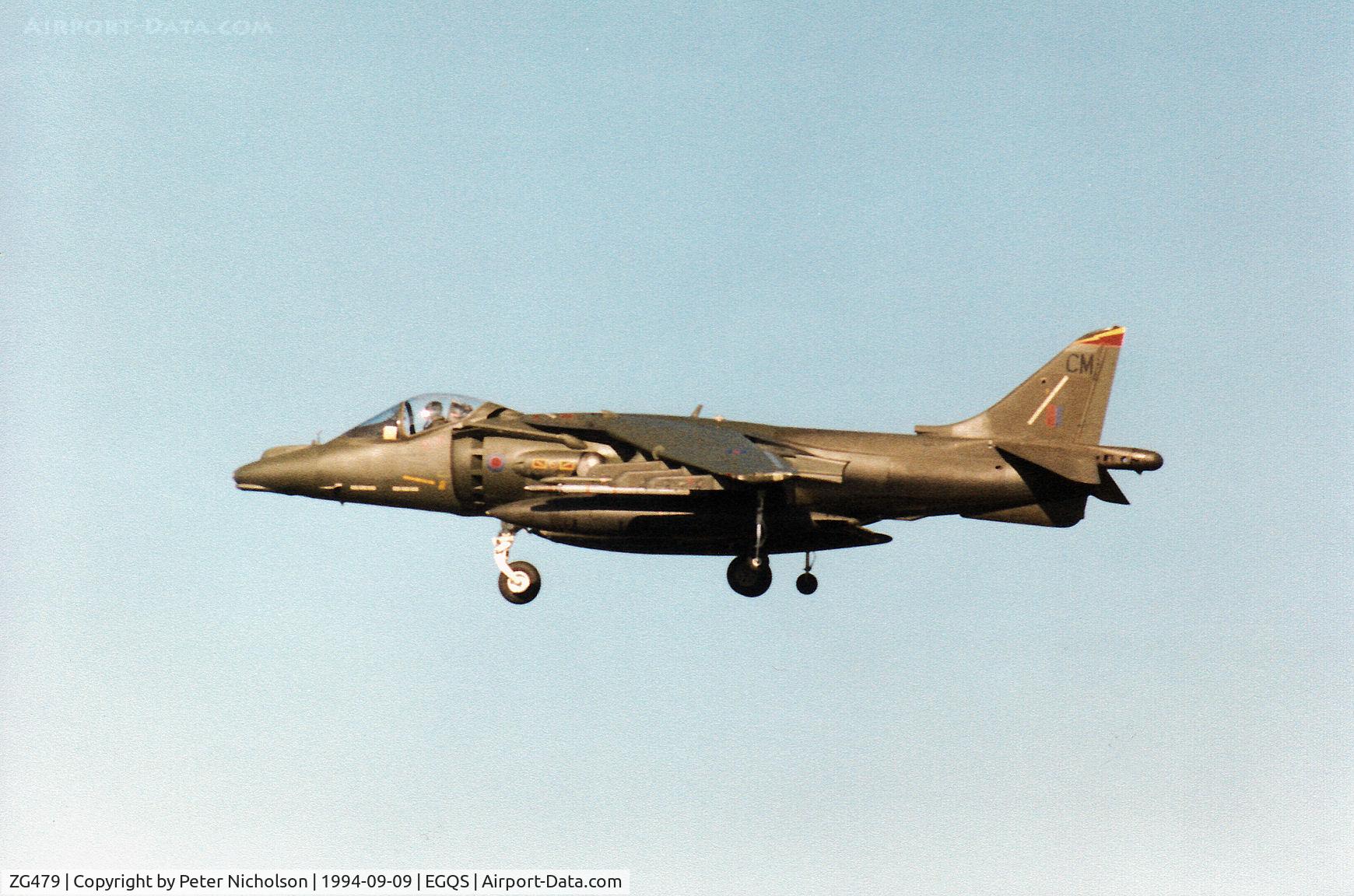 ZG479, 1990 British Aerospace Harrier GR.7 C/N P69, Harrier GR.7, callsign Rafair 620 Charlie, of 4 Squadron landing at RAF Lossiemouth in September 1994.
