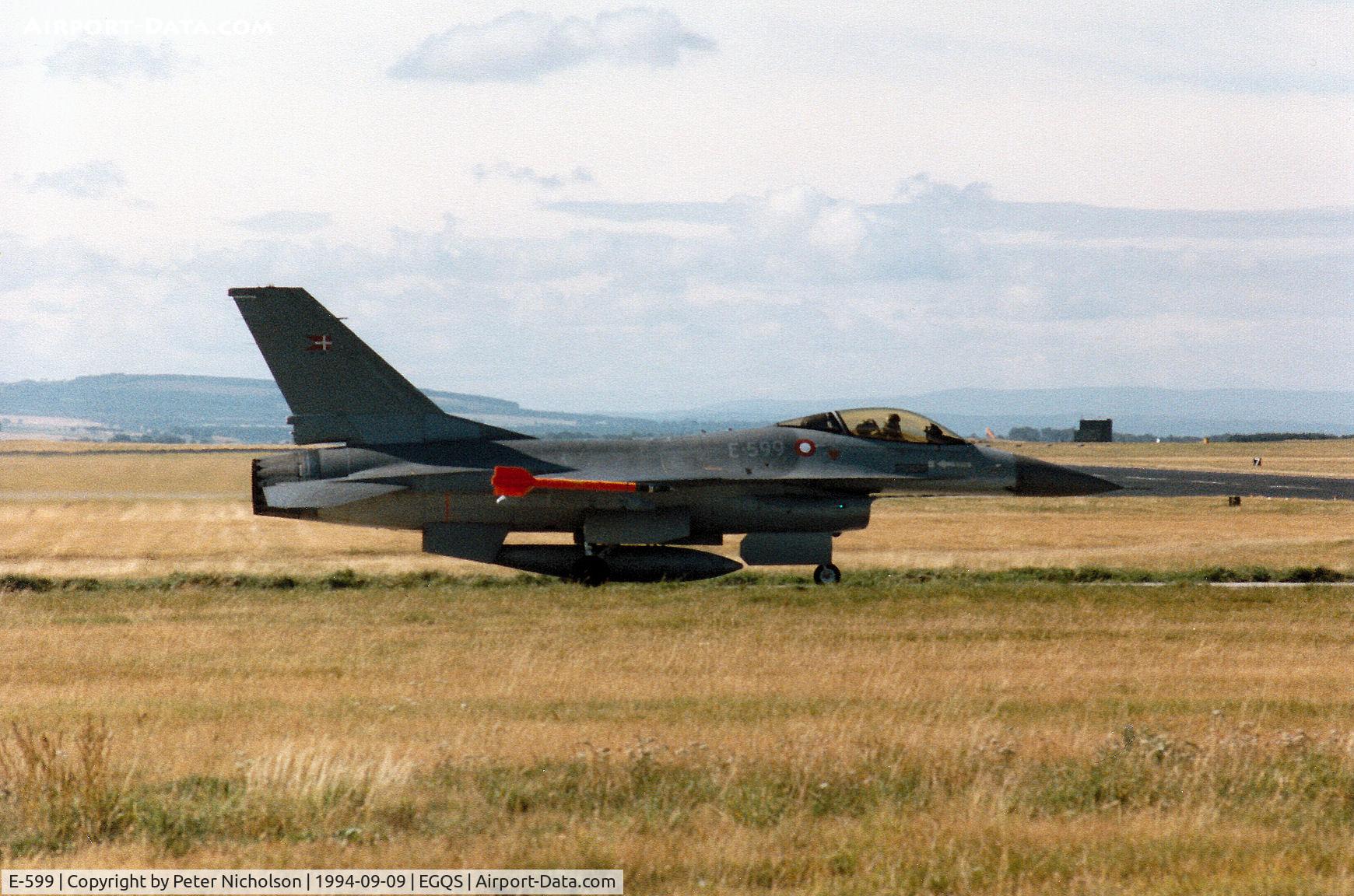 E-599, 1980 SABCA F-16AM Fighting Falcon C/N 6F-34, F-16A Falcon of Eskradille 730 Royal Danish Air Force at Skrydstrup awaiting clearance to join the active runway at RAF Lossiemouth in September 1994.