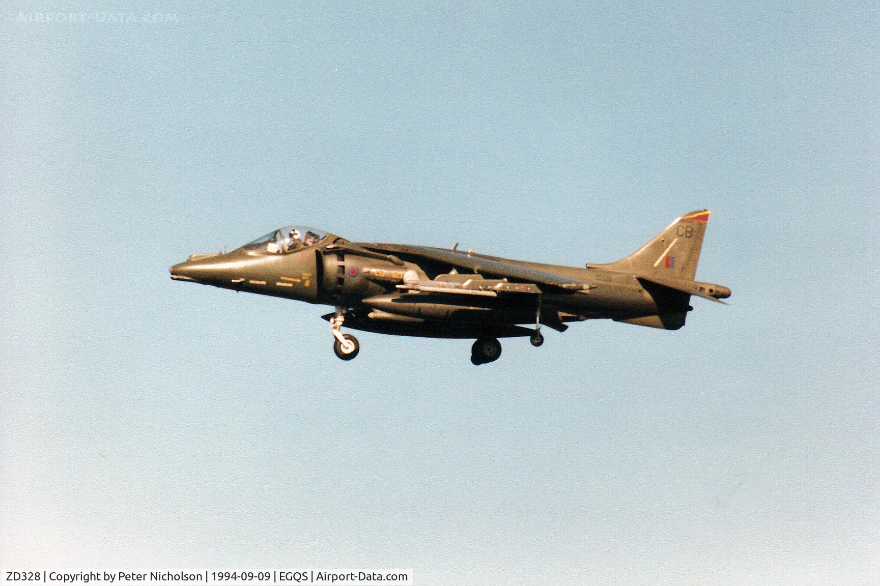 ZD328, 1988 British Aerospace Harrier GR.7 C/N 512116/P9, Harrier GR.7, callsign Rafair 620 Bravo, of 4 Squadron landing on Runway 23 at RAF Lossiemouth in September 1994.