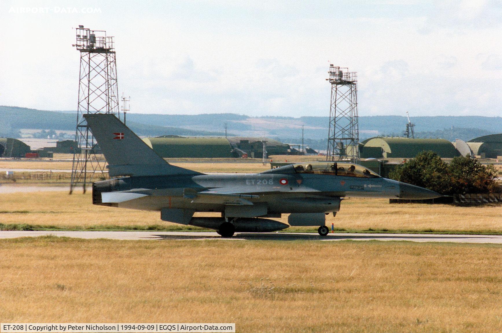 ET-208, SABCA F-16B Fighting Falcon C/N 6G-5, F-16B Falcon of Eskradille 730 Royal Danish Air Force at Skrydstrup awaiting clearance to join Runway 23 at RAF Lossiemouth in September 1994.